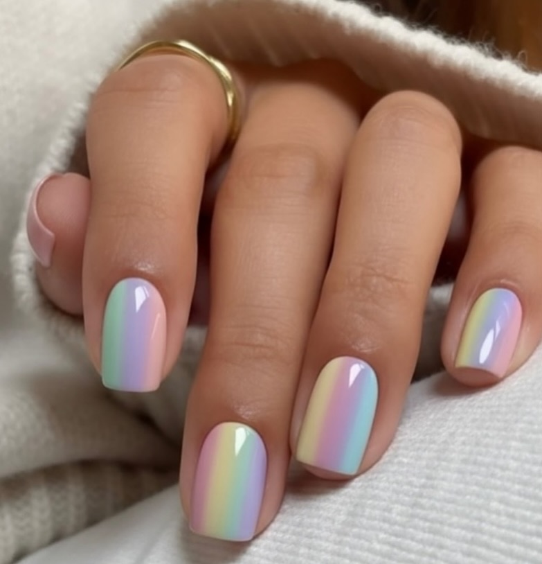 Pastel Rainbow Vertical Gradient Short Squoval Nails