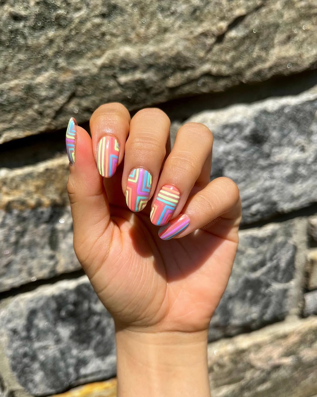 Pastel Striped Geometric Oval Nails
