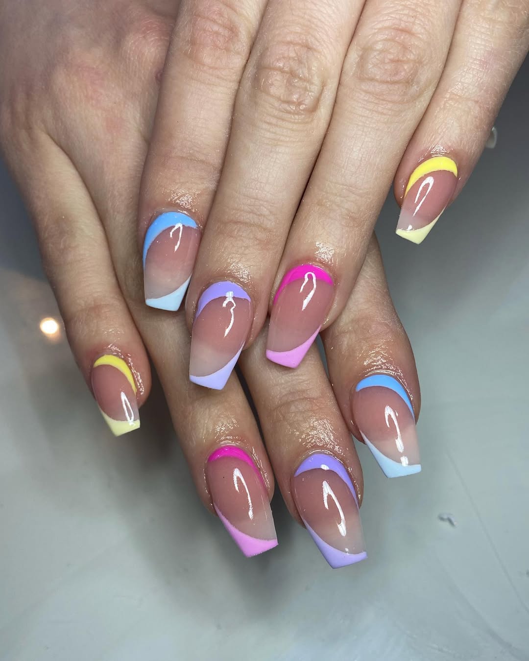 Pastel Swirl French Coffin Nails