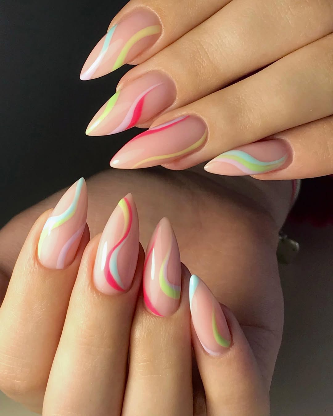Pastel Swirl Glossy Stiletto Nails