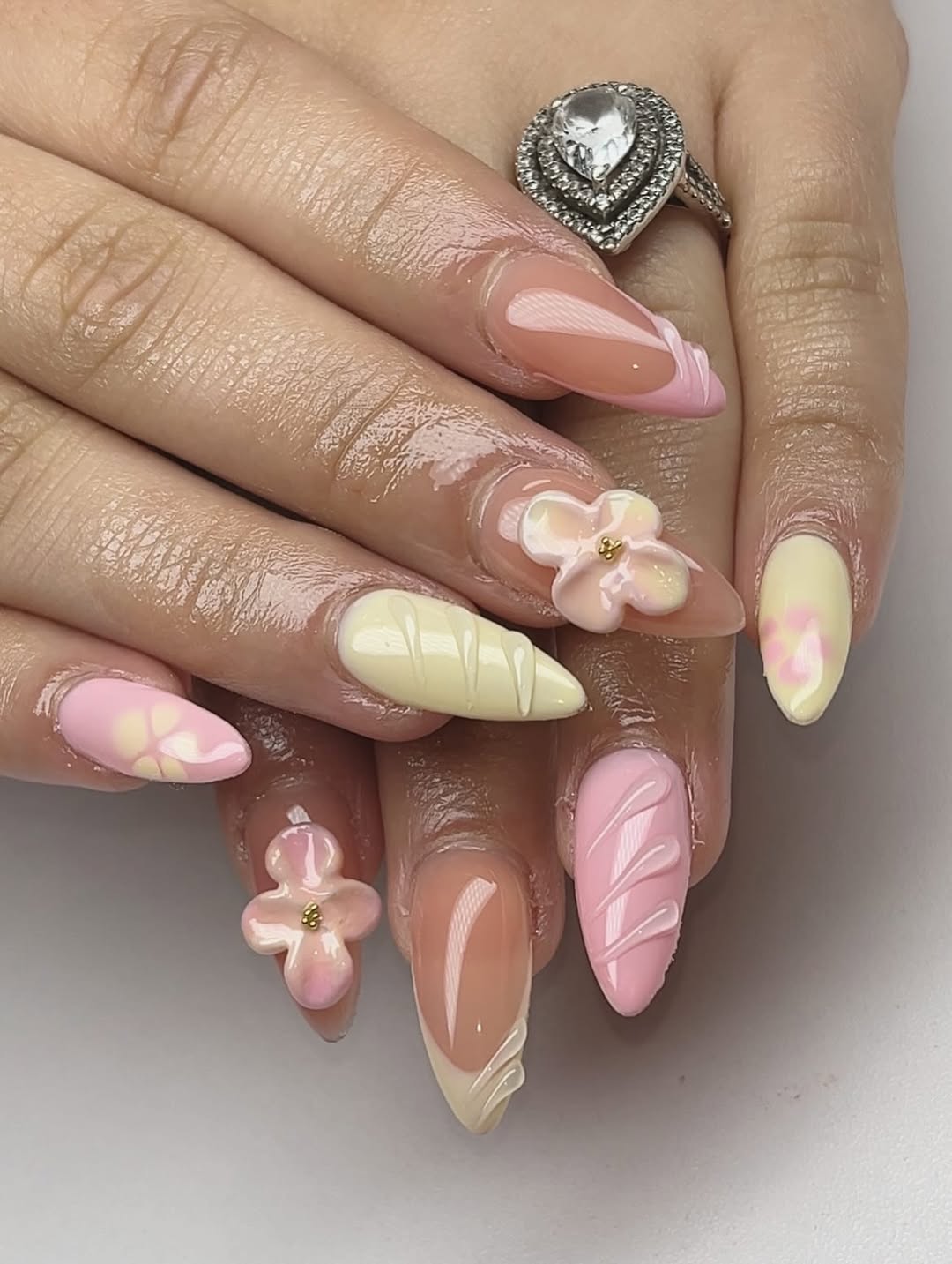 Pastel Whimsical French Tip 3D Floral Almond Nails