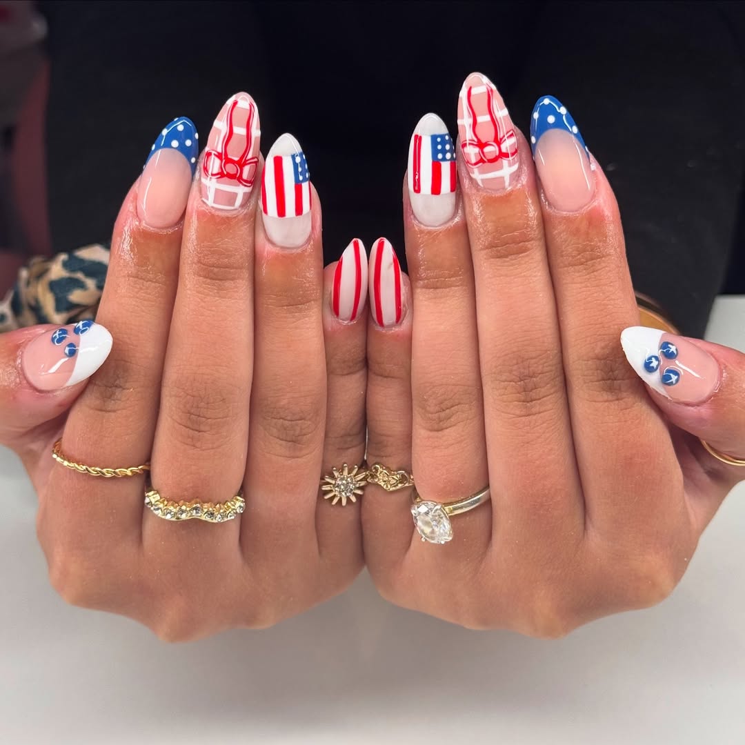 Patriotic Americana French Tips with Red and Blue Accents