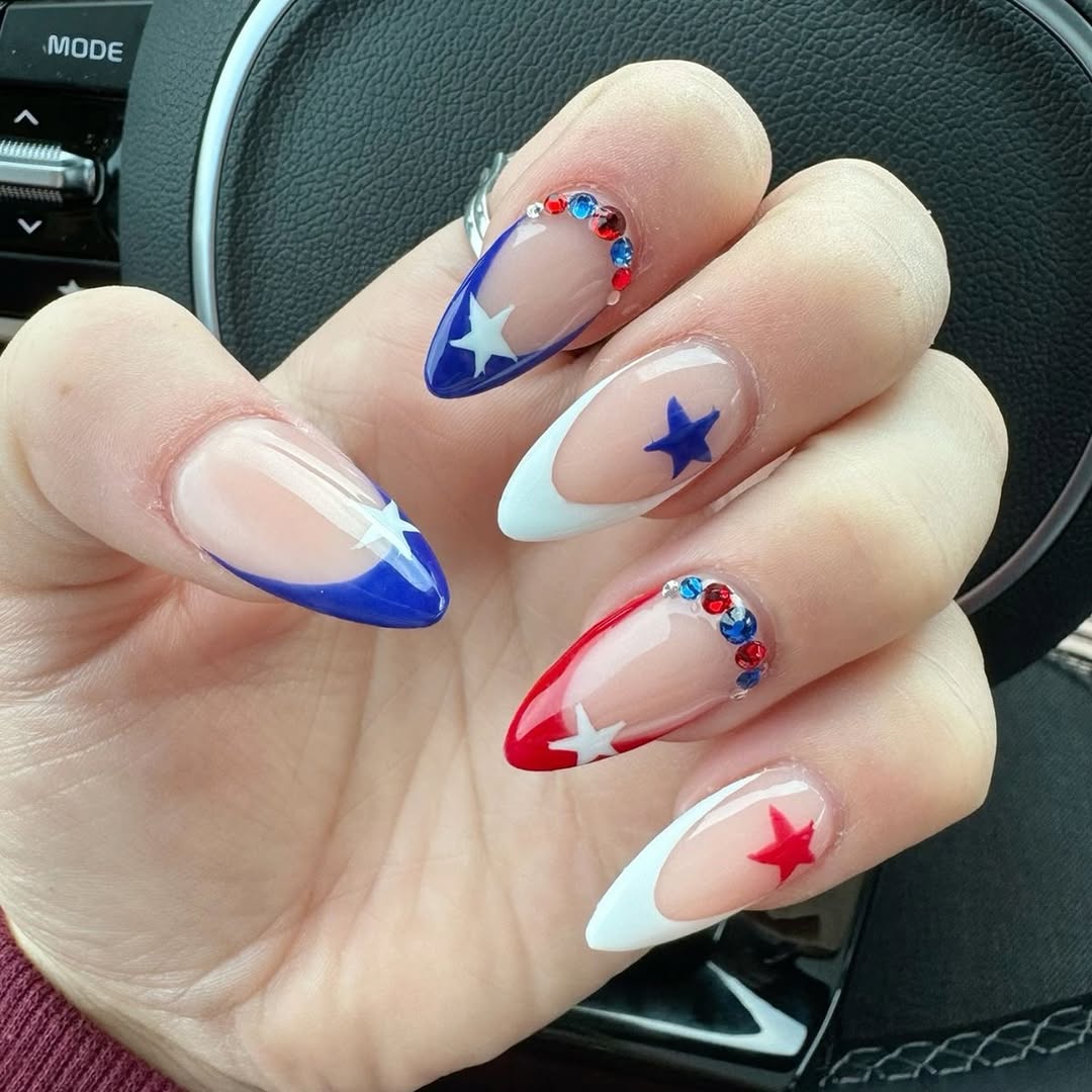 Patriotic Americana Red White Blue Star French Tips