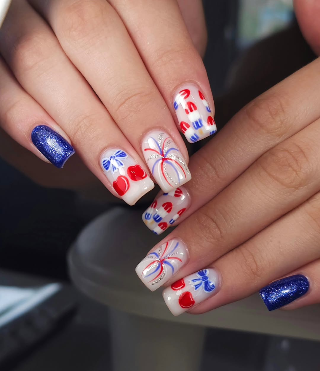 Patriotic Americana Sparkle and Firework Nails