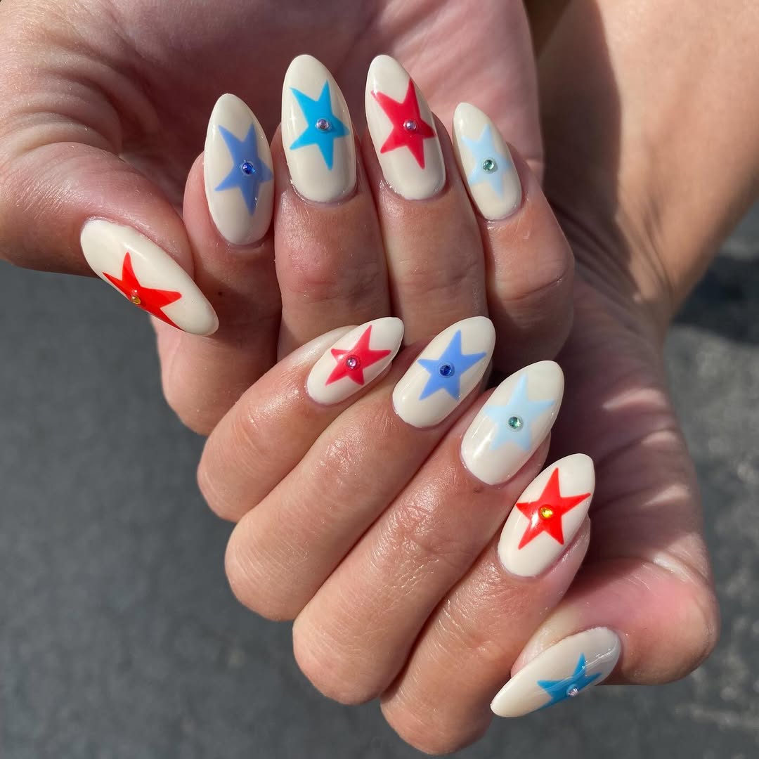 Patriotic Americana Star Embellished Almond Nails