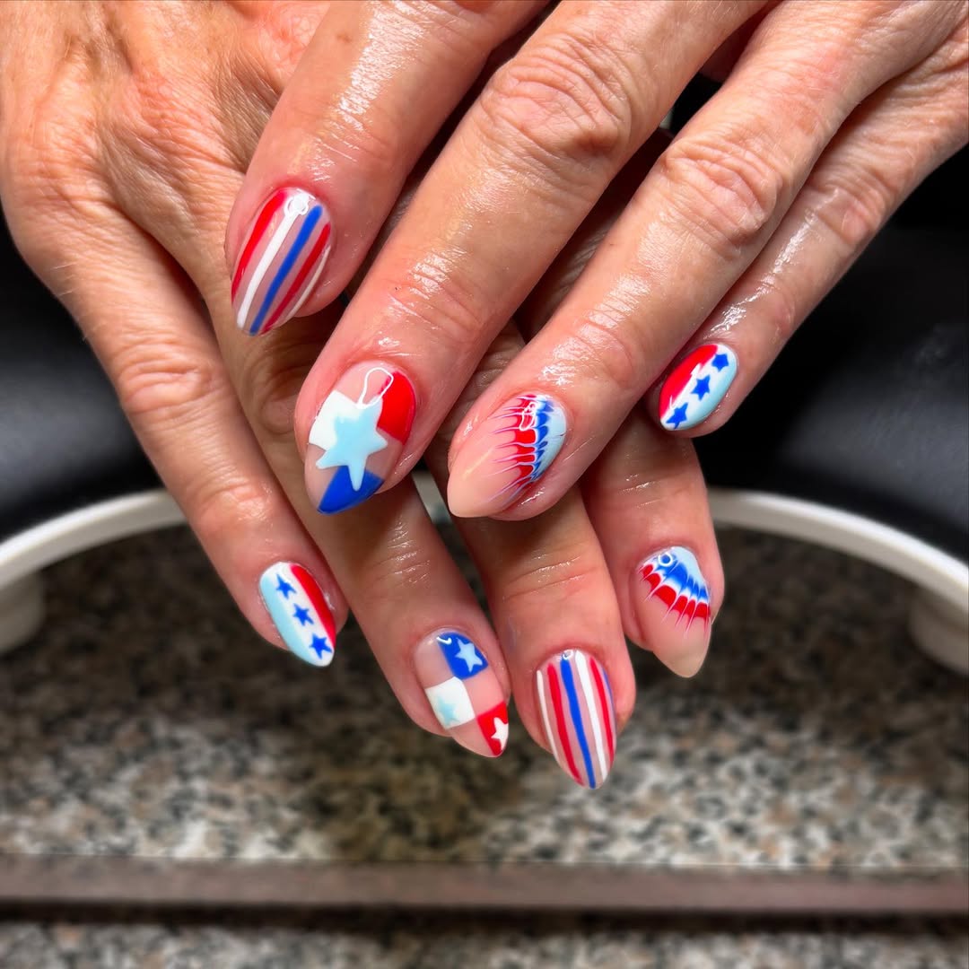 Patriotic Americana Star Striped Almond Nails