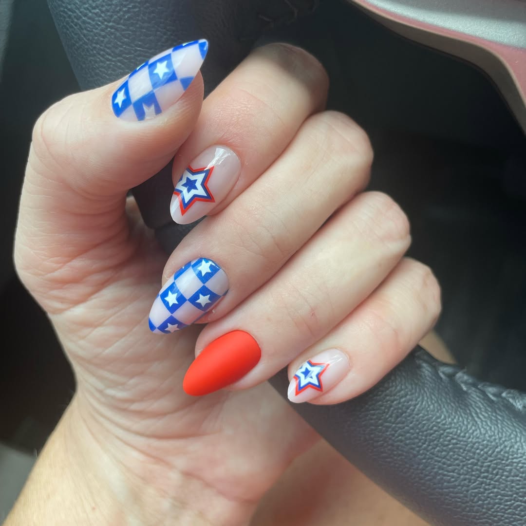 Patriotic Blue and Red Star Checkered Almond Nails