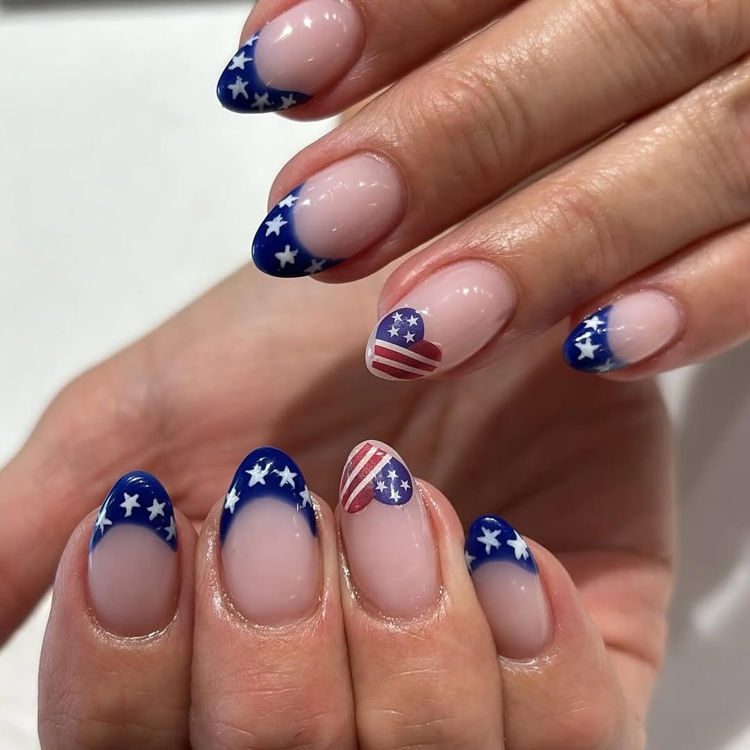 Patriotic Blue Ombré French Tips with Heart Decals