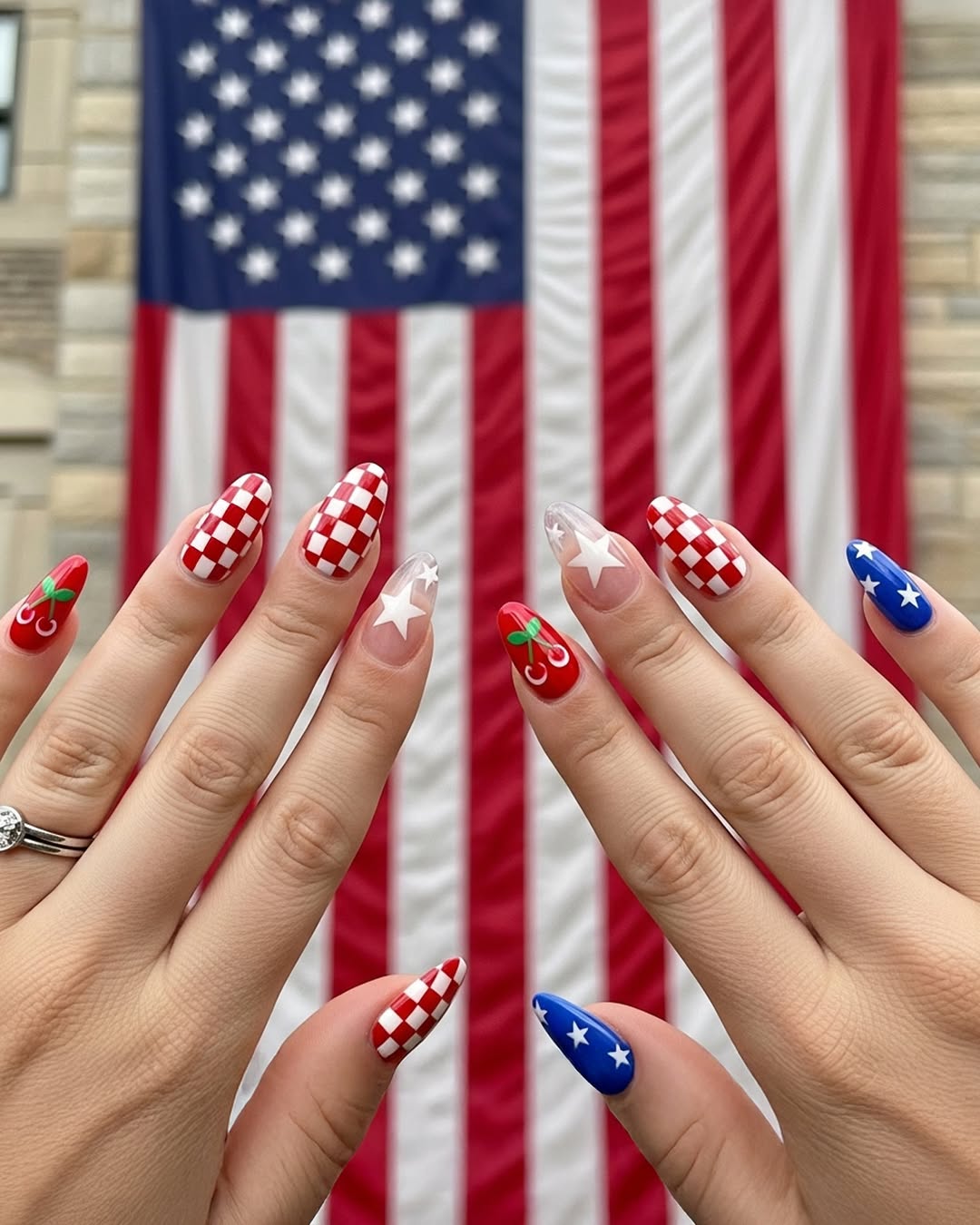 Patriotic Checkerboard Cherry Star Mix and Match Nails