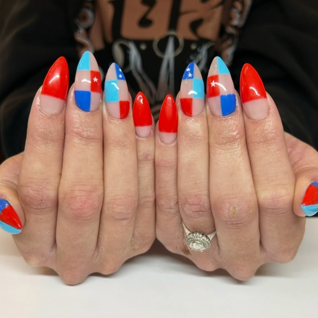 Patriotic Checkered Star Stiletto Nails