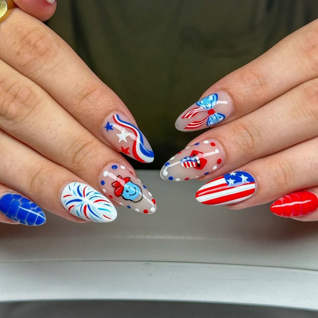 Patriotic Clear Base Almond Nail Art