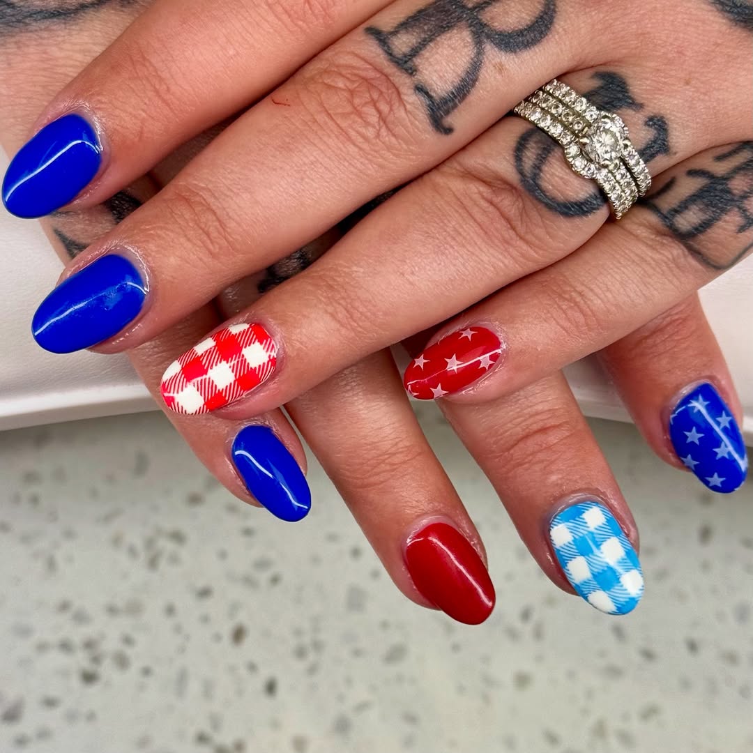 Patriotic Gingham and Star Almond Nails