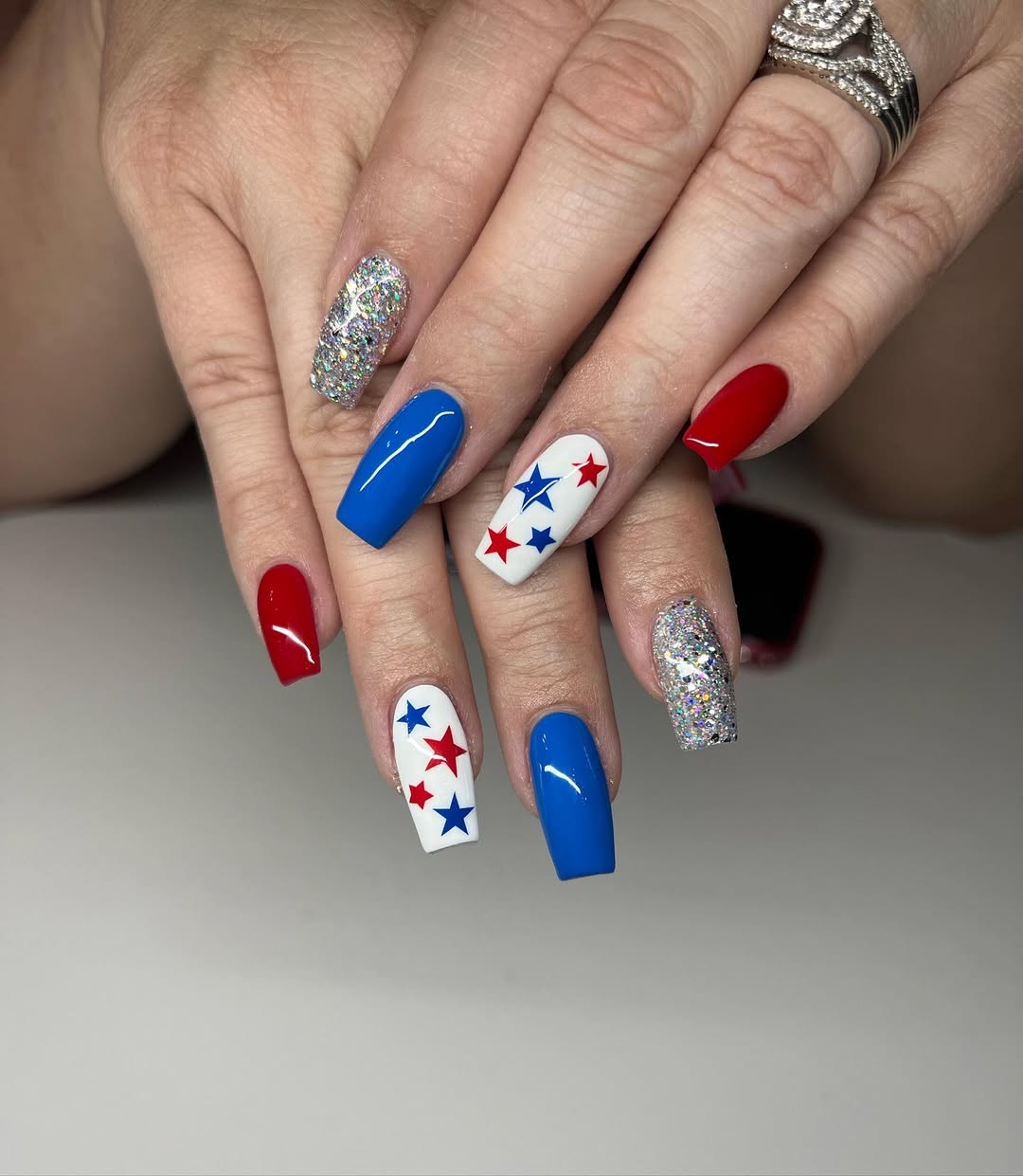 Patriotic Glitter Red White Blue Coffin Nails