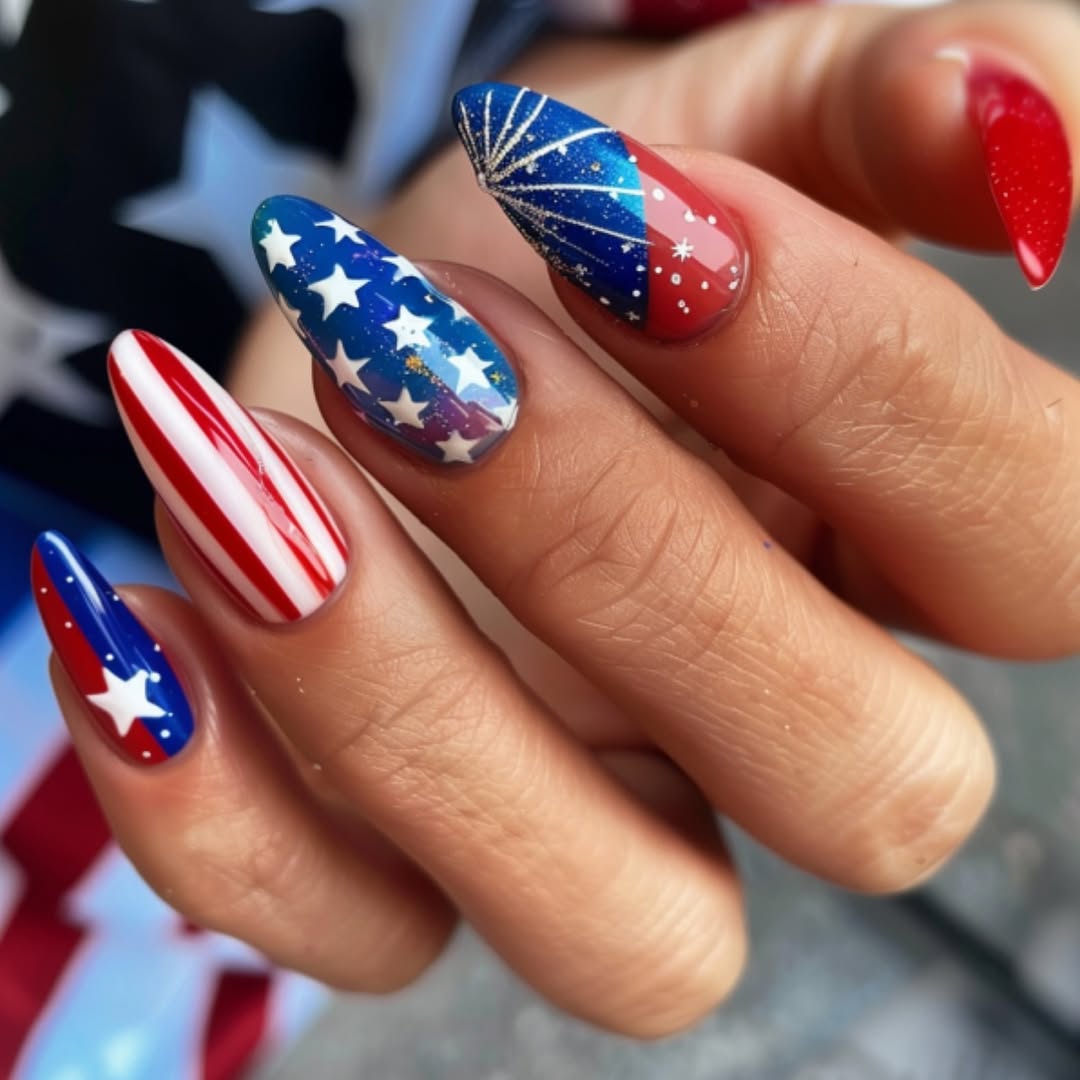 Patriotic Glitter Red White Blue Stiletto Nails