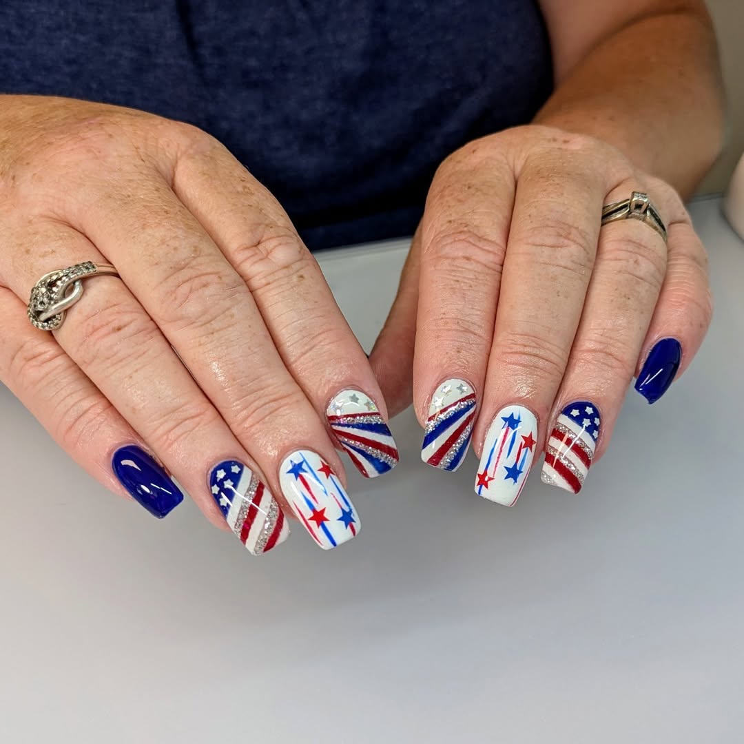 Patriotic Glitter Star and Stripe Coffin Nails