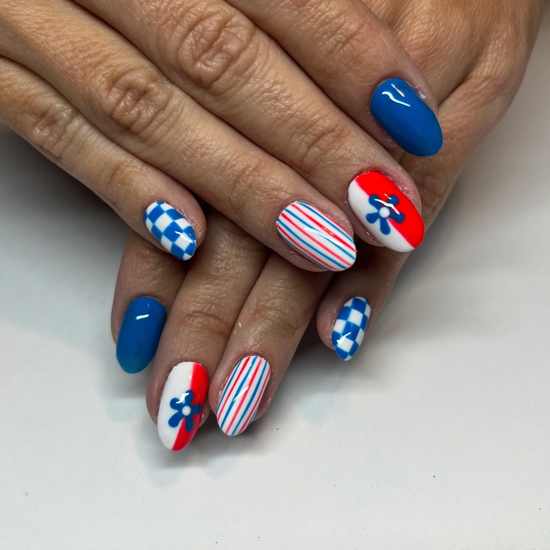 Patriotic Playful Blue White Red Almond Nails