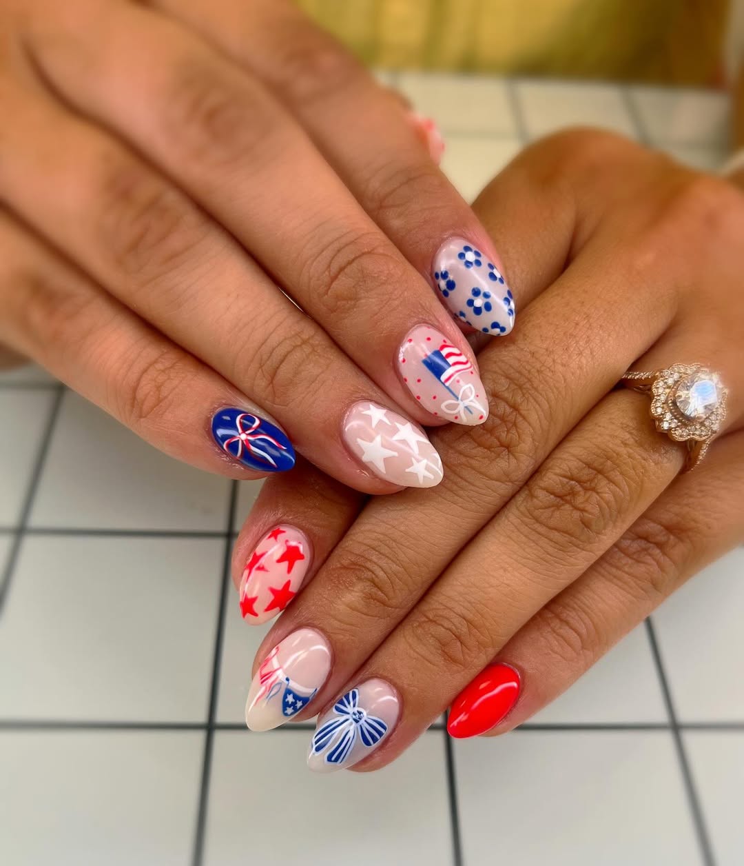 Patriotic Playful Red White Blue Almond Nails