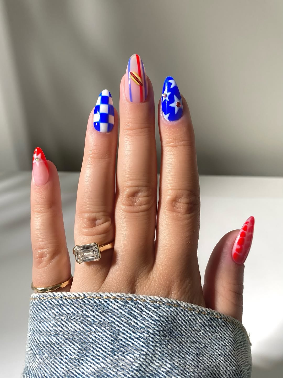Patriotic Playful Red White Blue Almond Nails