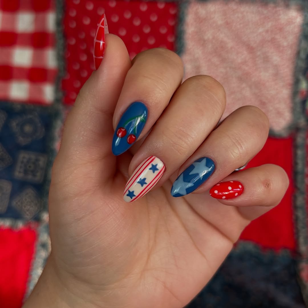 Patriotic Playful Red White Blue Mismatched Almond Nails