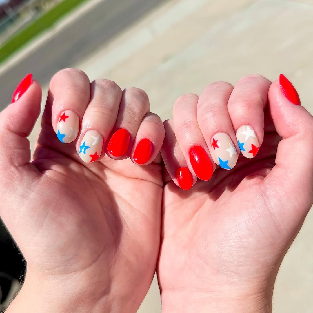 Patriotic Red and Star Shaped Almond Nails