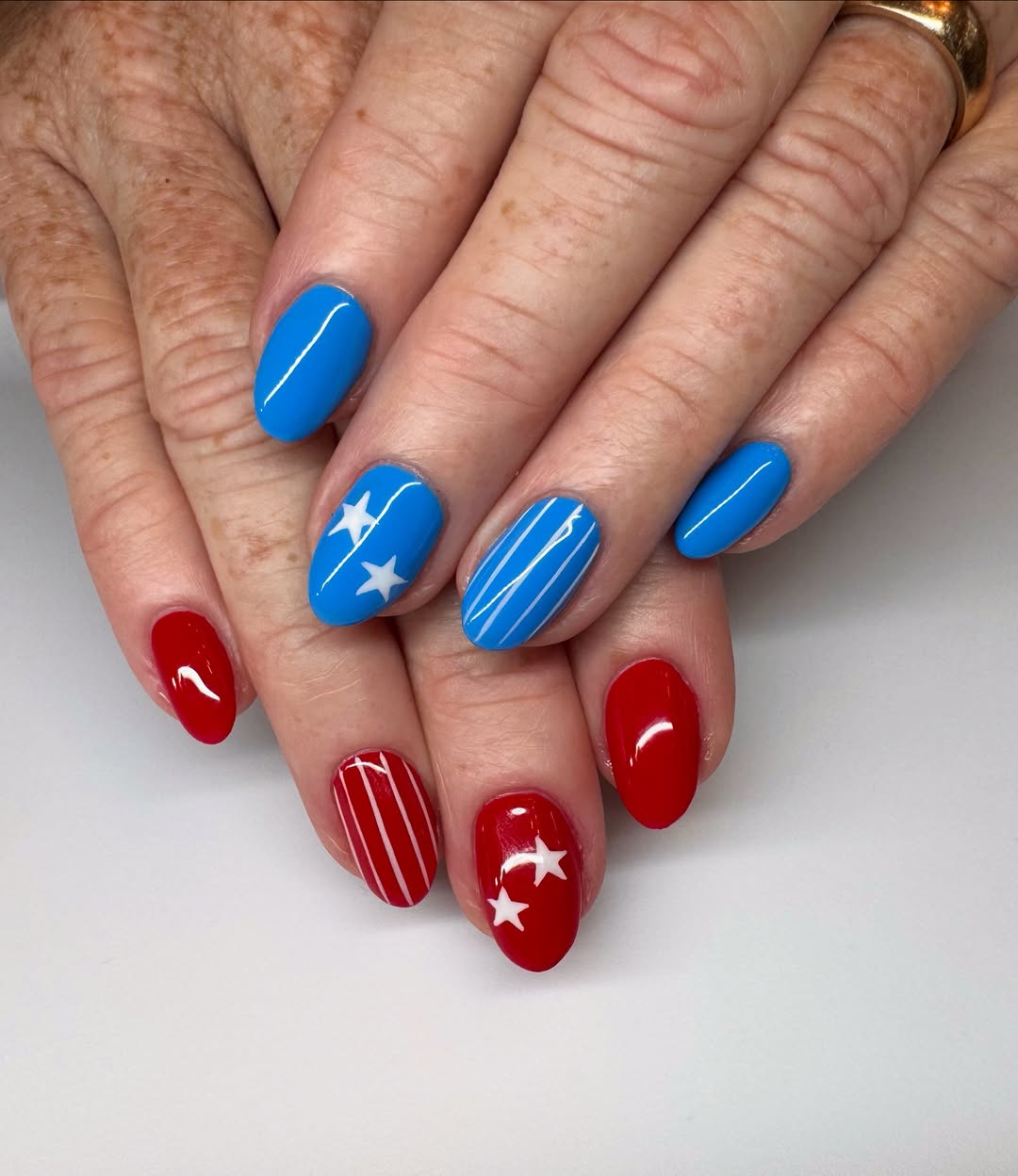 Patriotic Red Blue White Star Striped Oval Nails