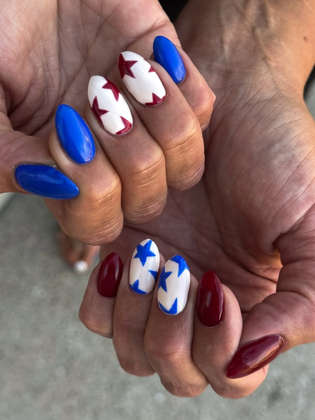 Patriotic Red White And Blue Star Almond Nails