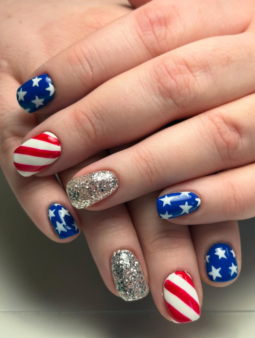 Patriotic Red White and Blue Star Spangled Glitter Nails