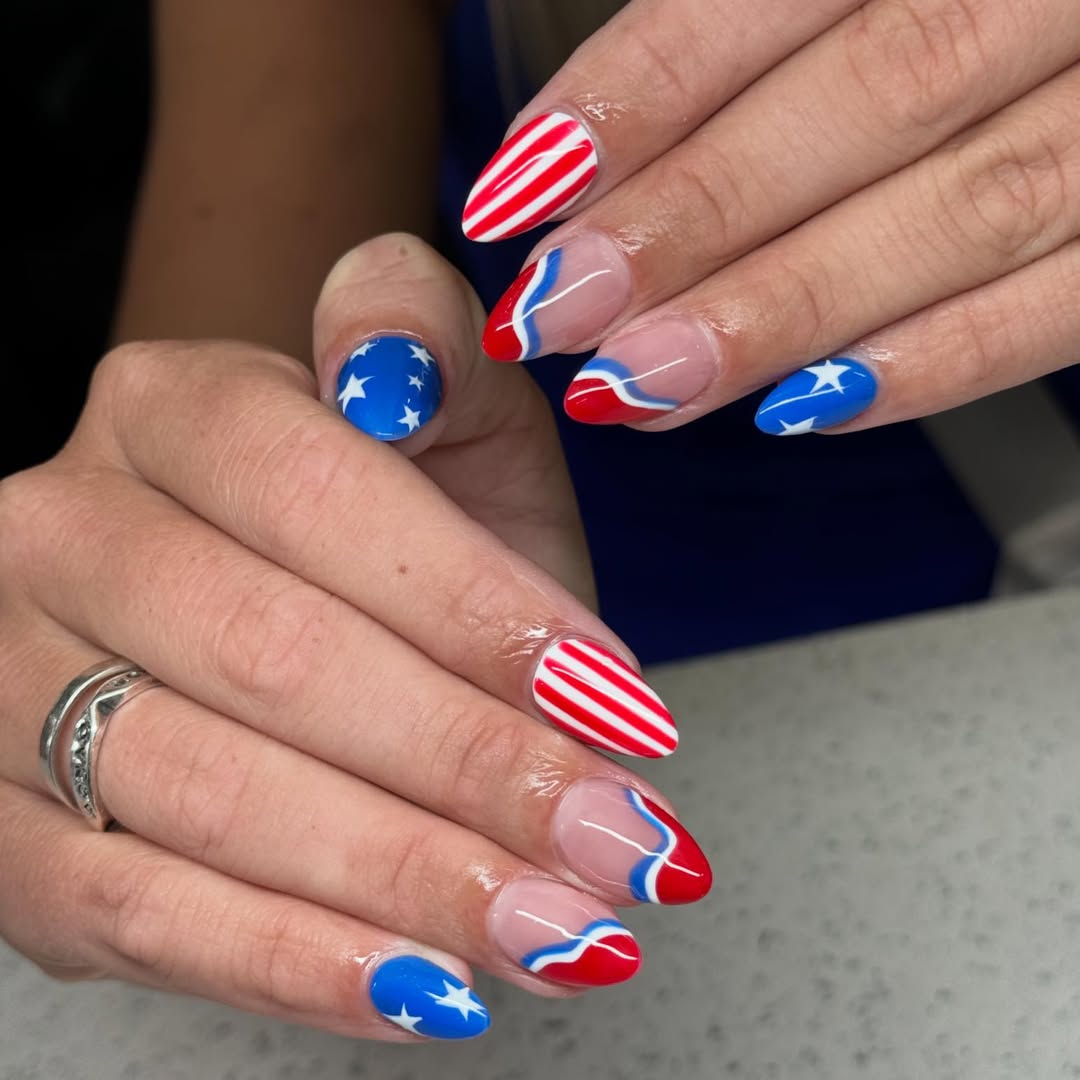 Patriotic Red White Blue Almond Accent Nails