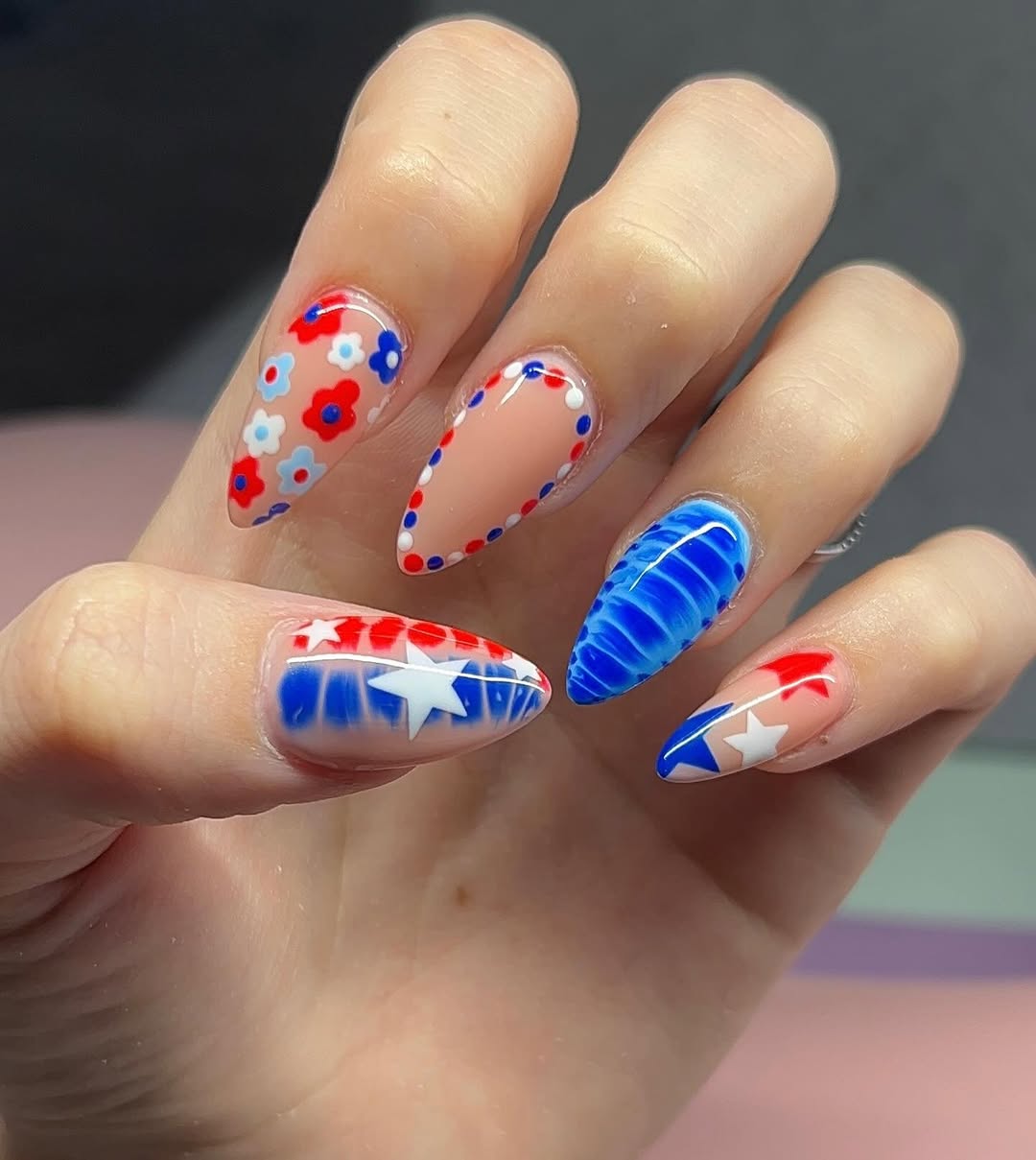 Patriotic Red White Blue Almond Artistic Nails