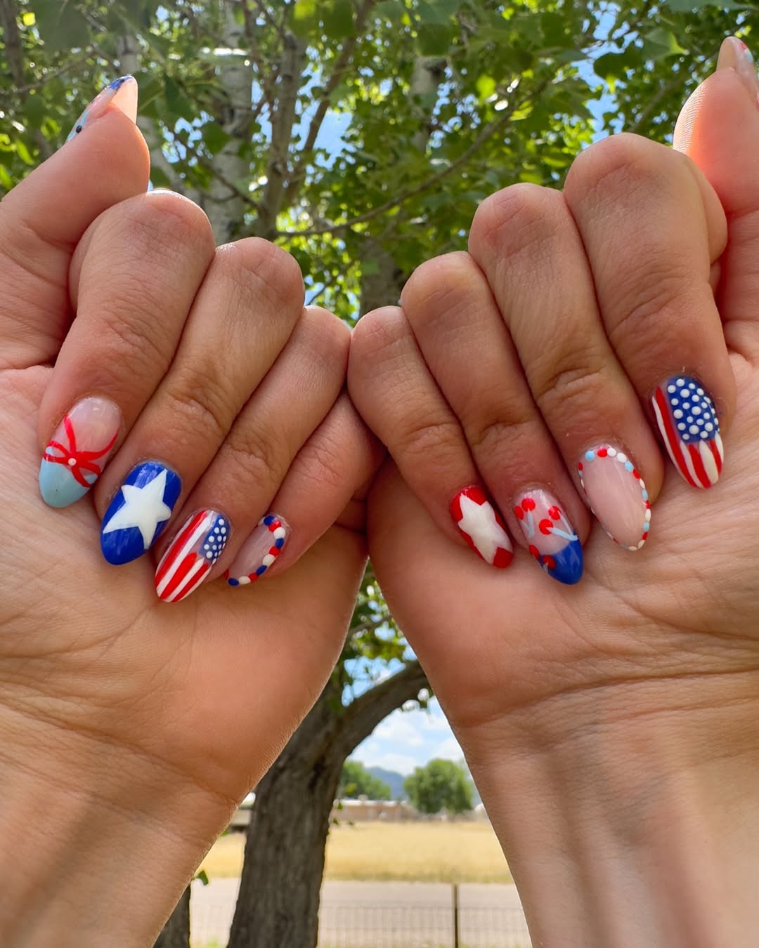 Patriotic Red White Blue Almond Nail Art