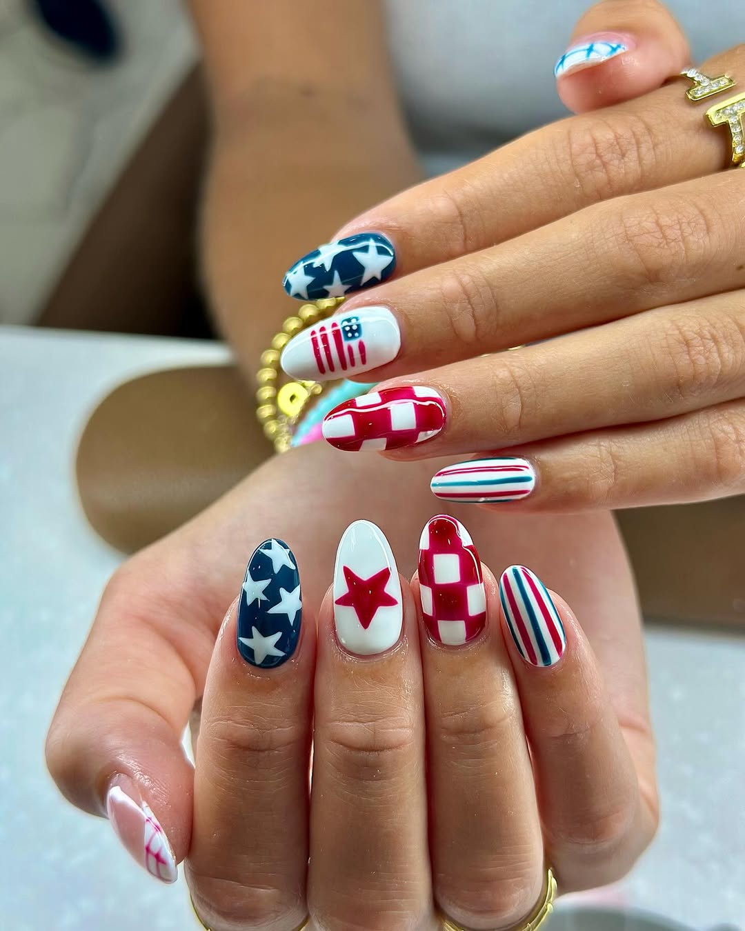 Patriotic Red White Blue Almond Nails