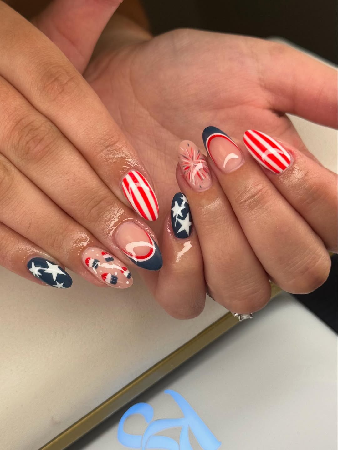 Patriotic Red White Blue Almond Nails