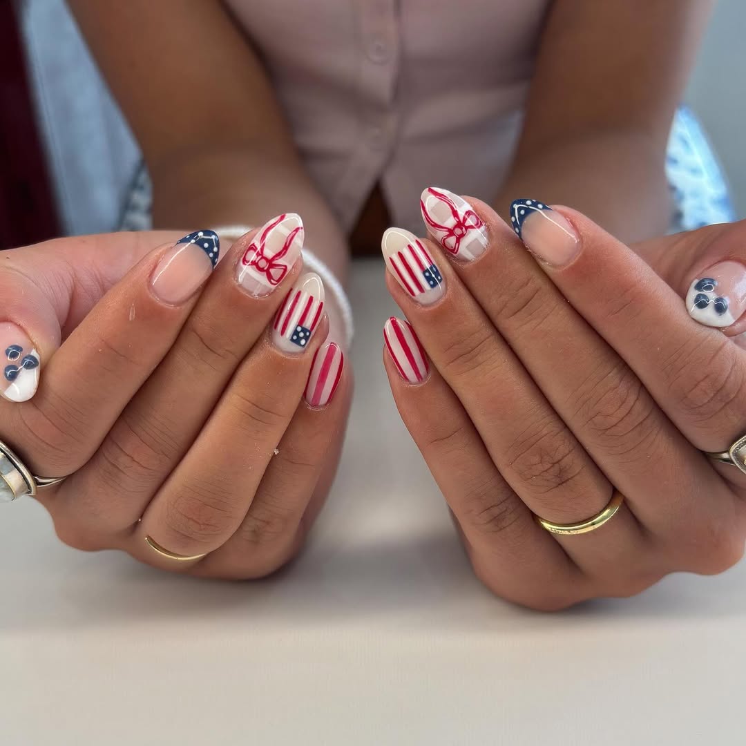 Patriotic Red White Blue Almond Nails
