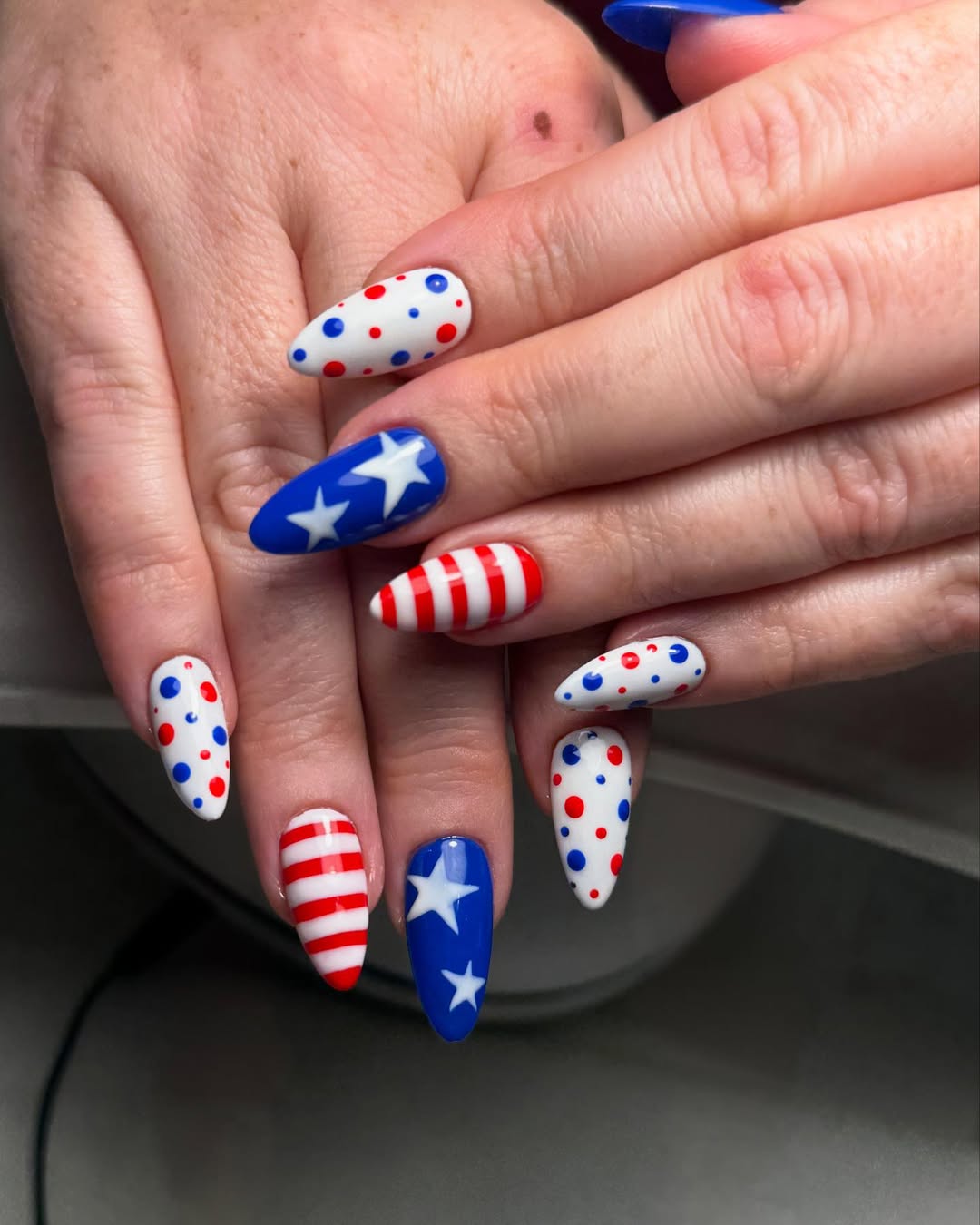 Patriotic Red White Blue Almond Stiletto Nail Art
