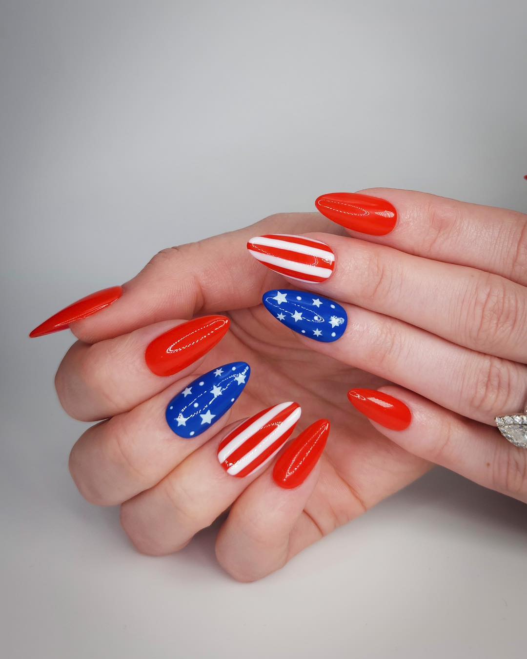Patriotic Red White Blue Almond Stiletto Nails