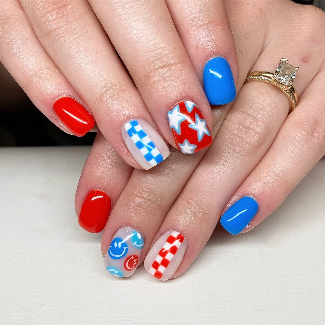 Patriotic Red White Blue Checkerboard Star Smiley Nails