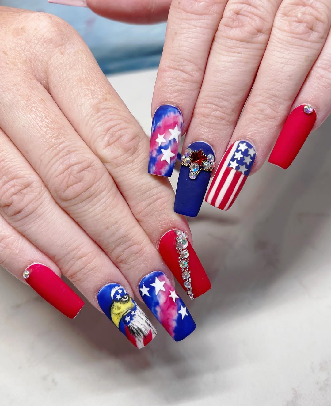 Patriotic Red White Blue Coffin Nail Art