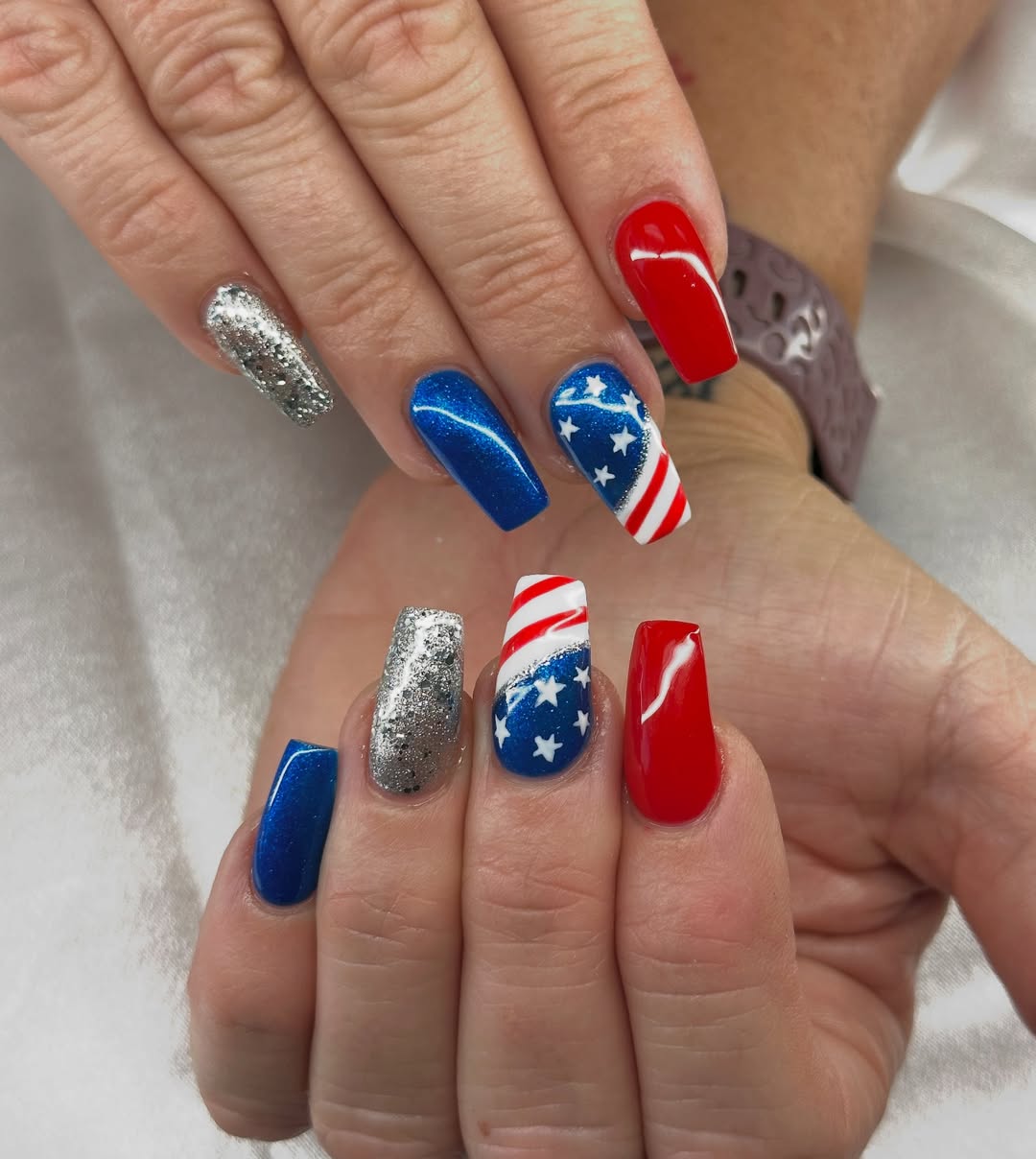 Patriotic Red White Blue Glitter Accent Coffin Nails