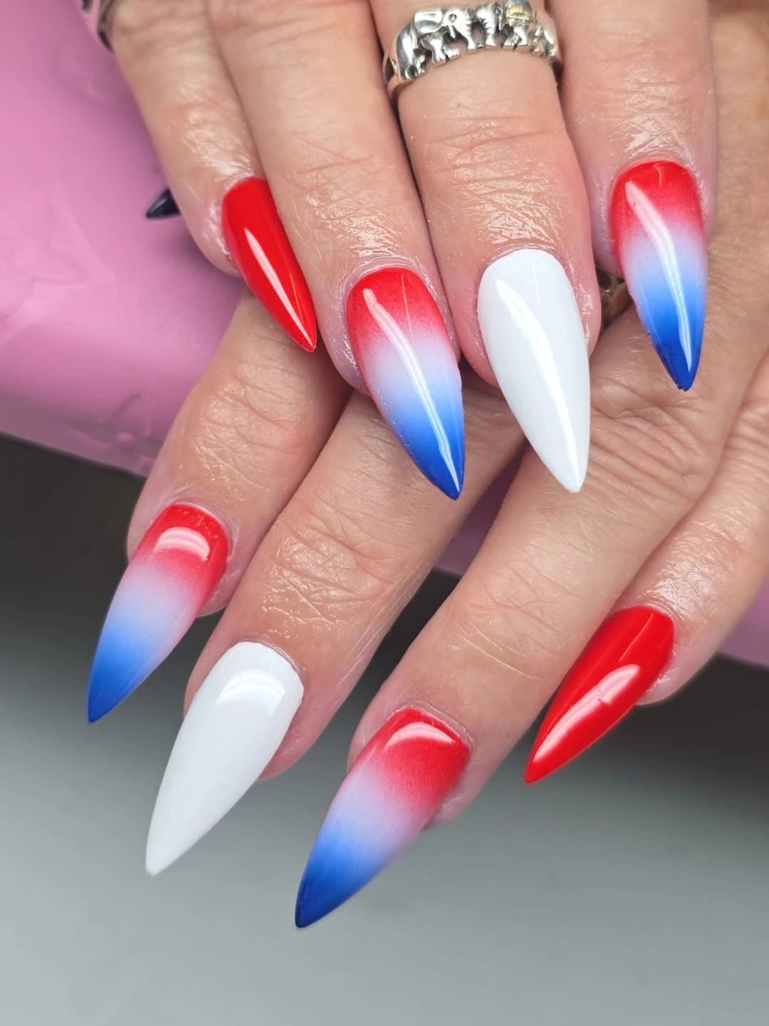 Patriotic Red White Blue Ombre Stiletto Nails