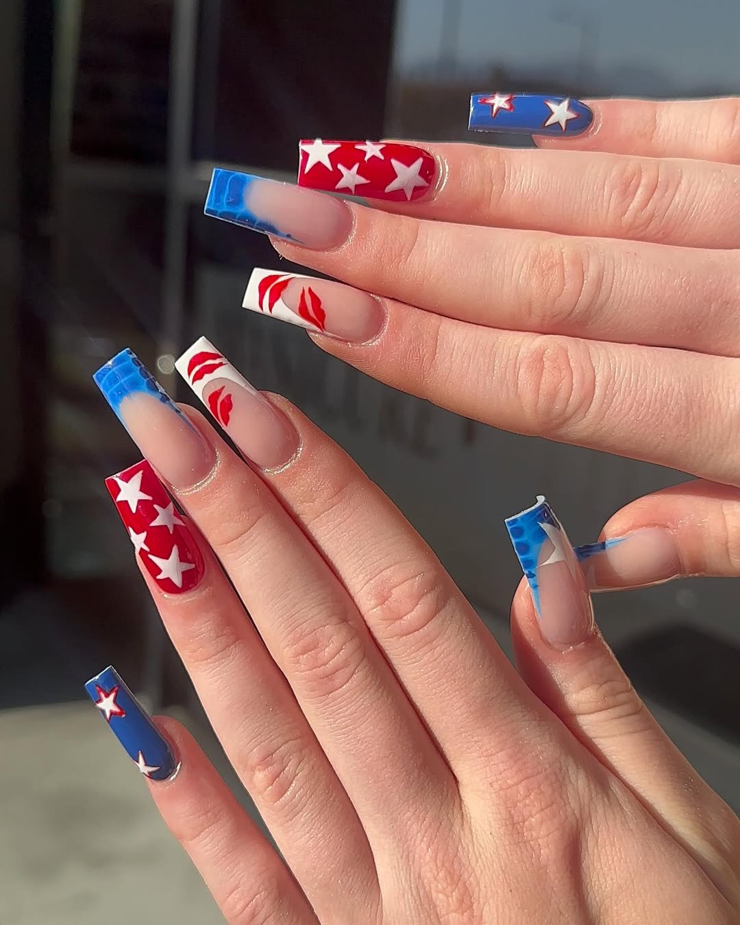 Patriotic Red White Blue Square French Star Nails