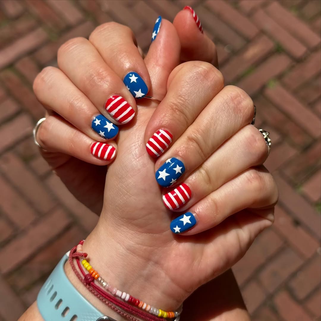Patriotic Red White Blue Stars Stripes Short Nails
