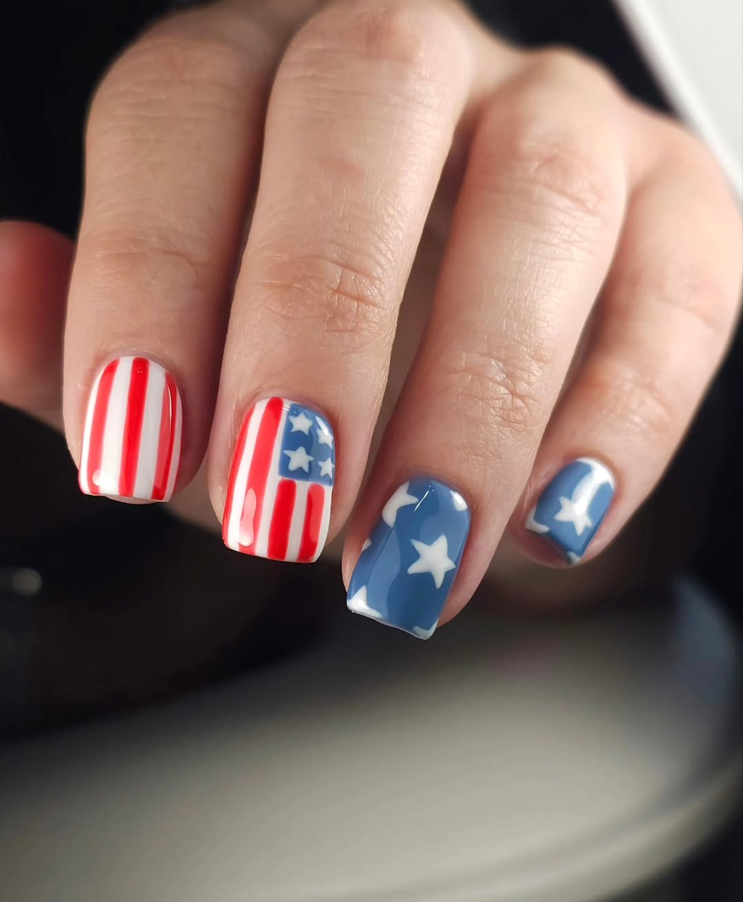 Patriotic Red White Blue Striped and Star Nails