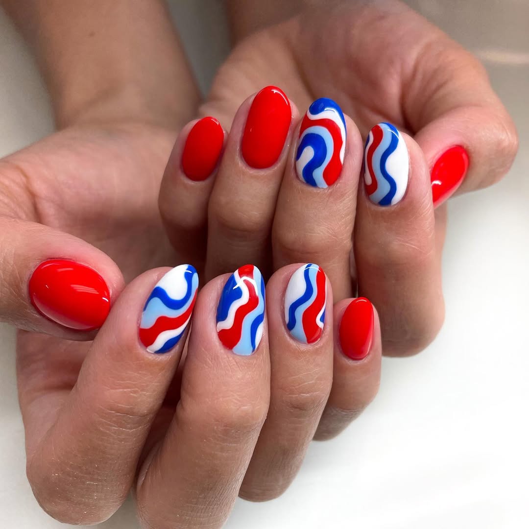 Patriotic Red White Blue Swirl Oval Nails