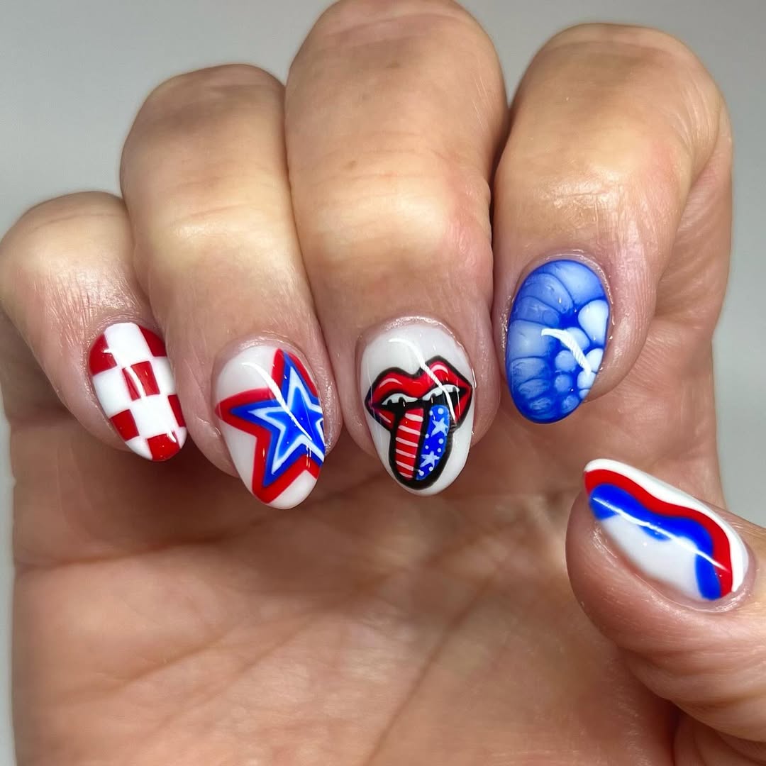 Patriotic Red White Blue Swirls and Checkerboard Nails