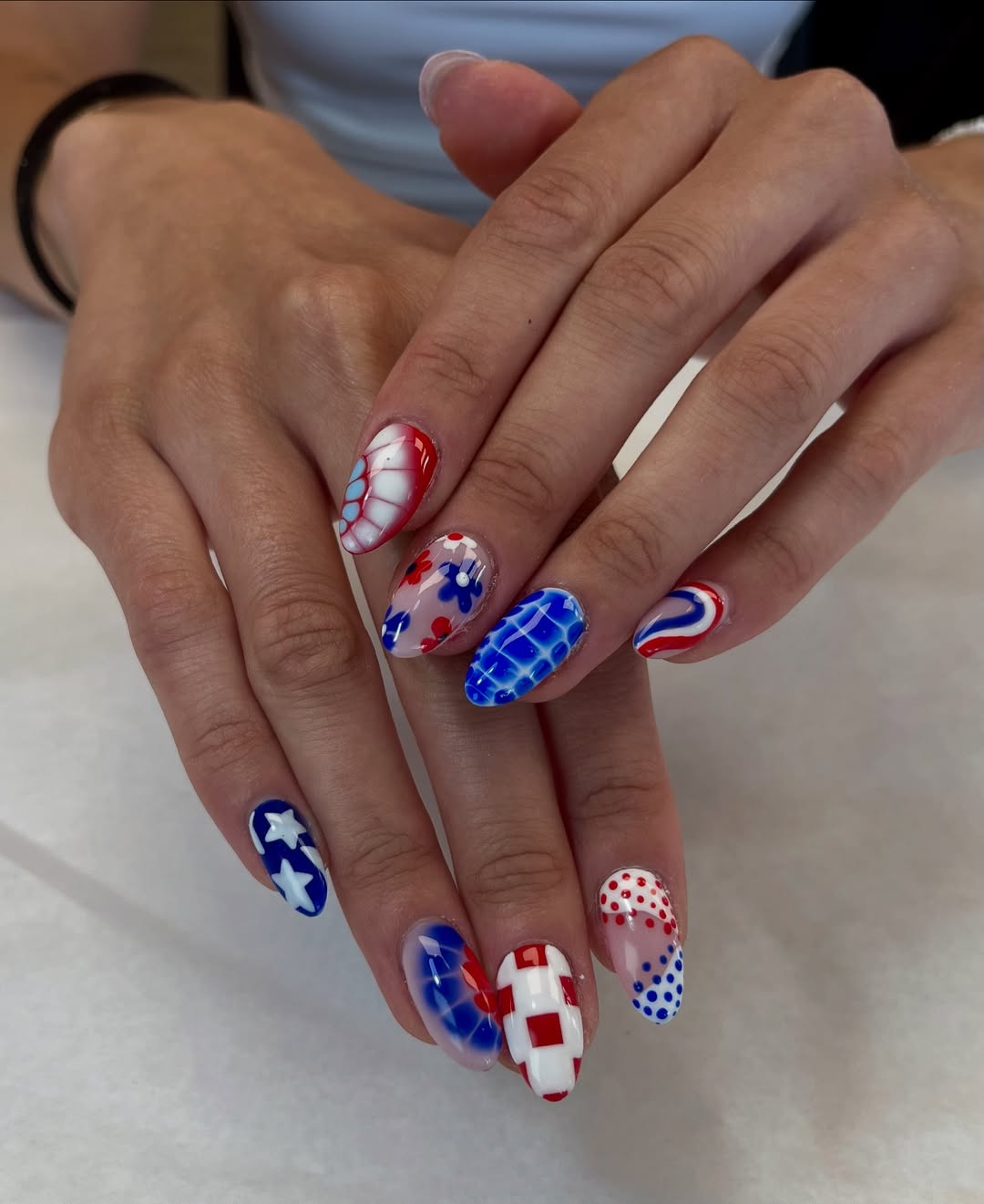 Patriotic Red White Blue Swirls and Patterns Oval Nails