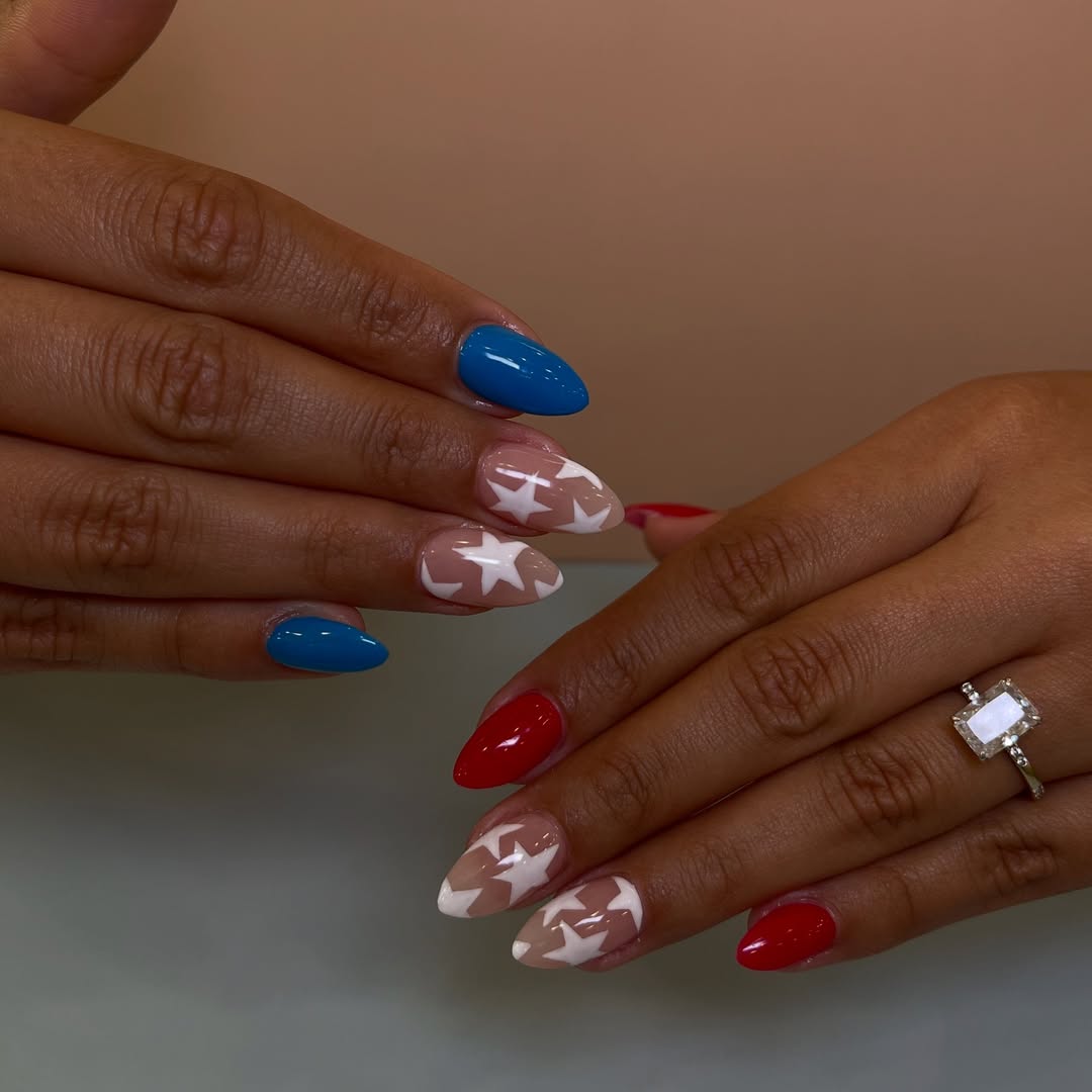 Patriotic Starry Red White Blue Almond Nails