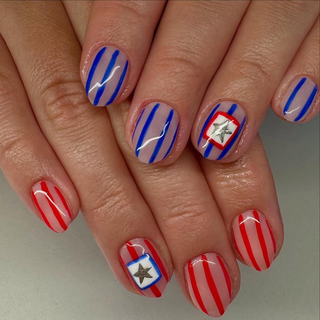 Patriotic Striped Captain America Shield Accent Nails