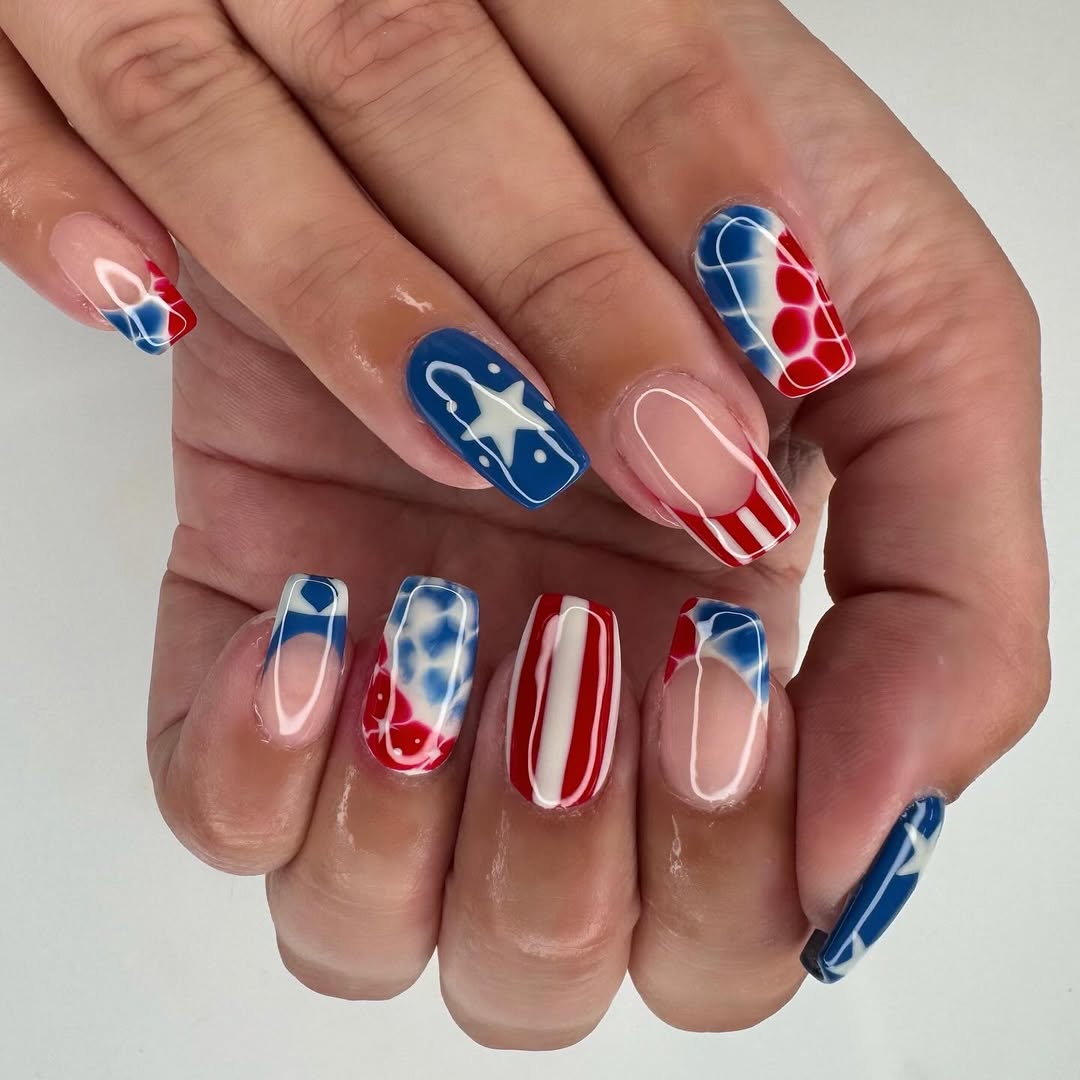 Patriotic Tie-Dye and Star Red White Blue Nails