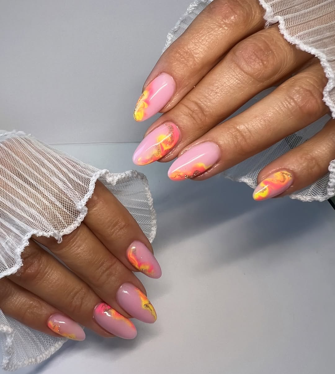 Pink Base Flame Aura Almond Nails