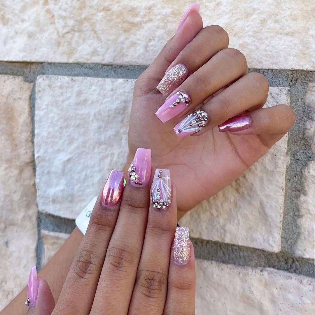Pink Chrome Glitter and Rhinestone Coffin Nails